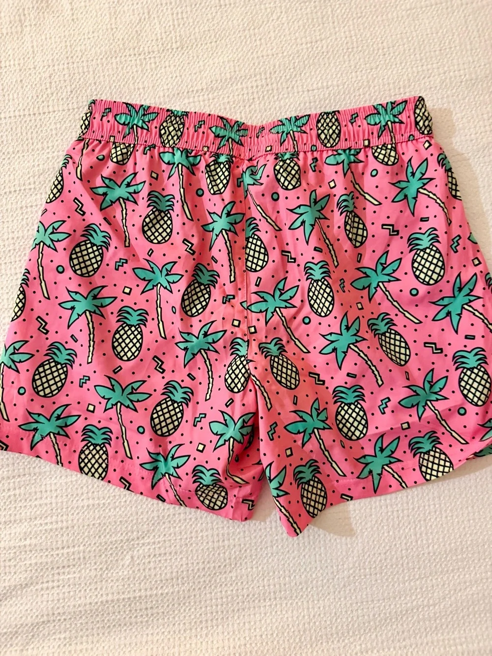 Men's Pink Pineapple Print Swim Trunks with Green Accents